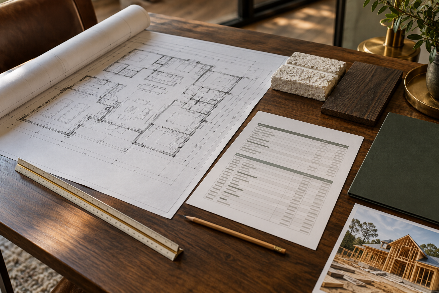 Illustration of a home floor plan, itemized estimate, material samples, and agreement folder