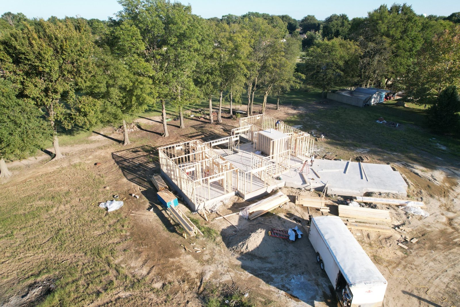 Aerial view of early framing and foundation