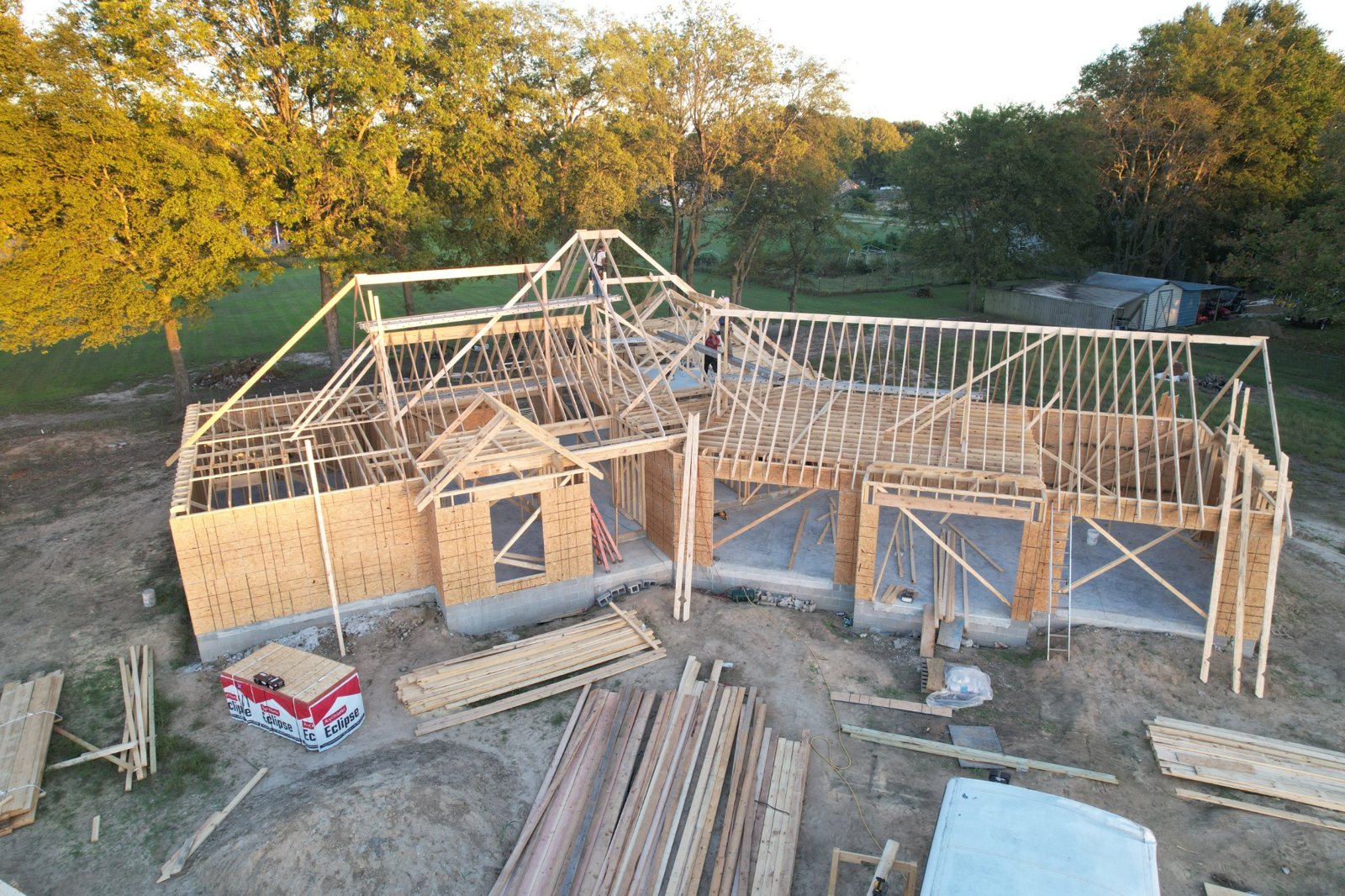 Aerial view of roof and garage framing
