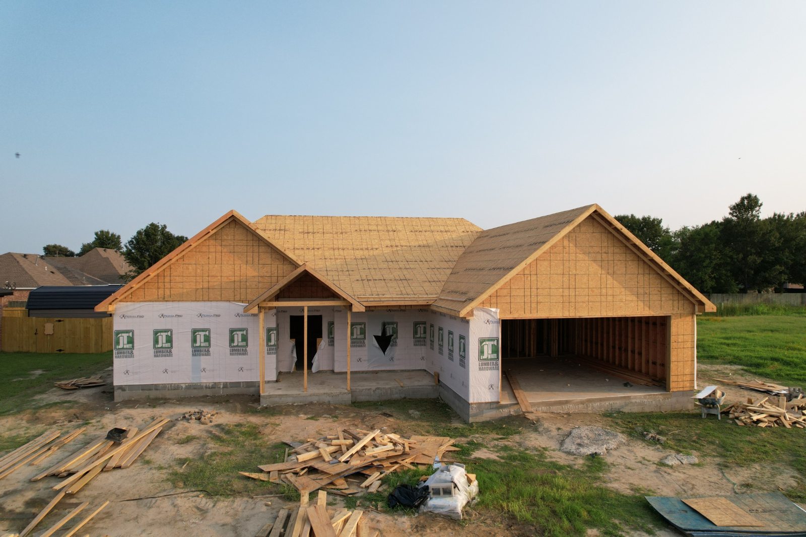 Aerial view of roof framing and porch structure