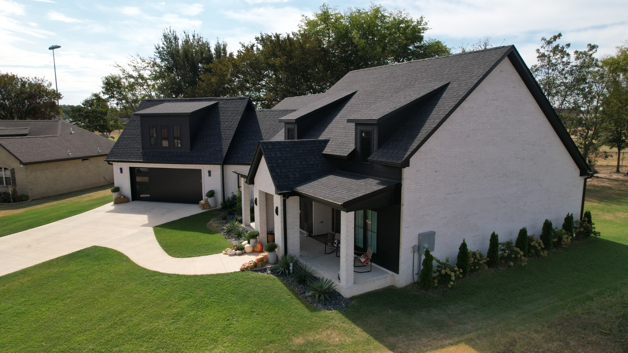 Aerial view of the finished Sicily Circle home from the front and side