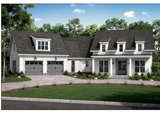 Original exterior concept with white siding, three dormers, and a two-car garage