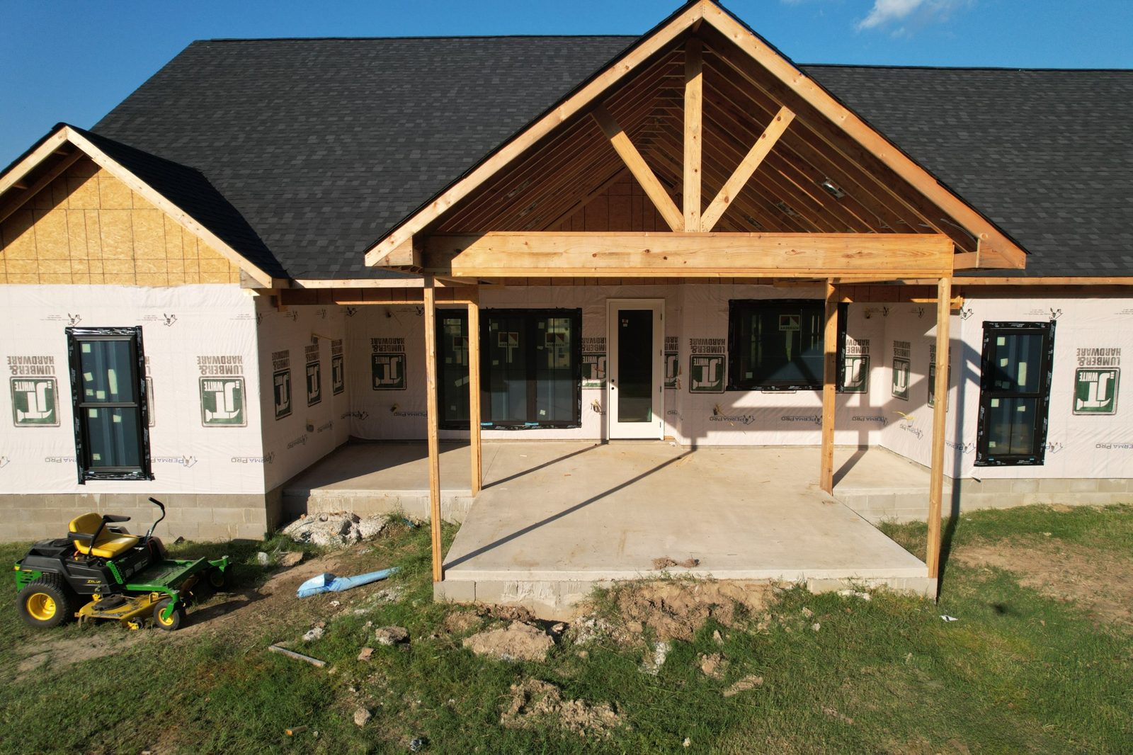 Timber framing at the covered porch during construction