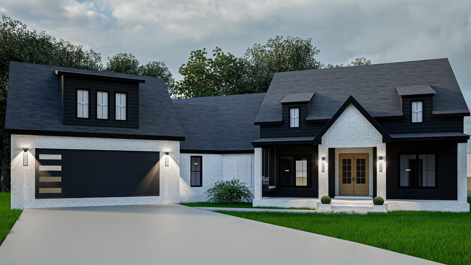 Revised visualization with dark siding, white brick, and a two-car garage