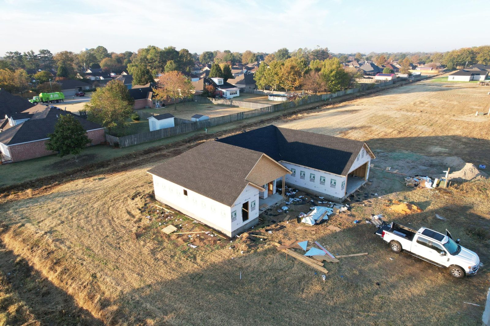 Aerial view of home before windows were installed